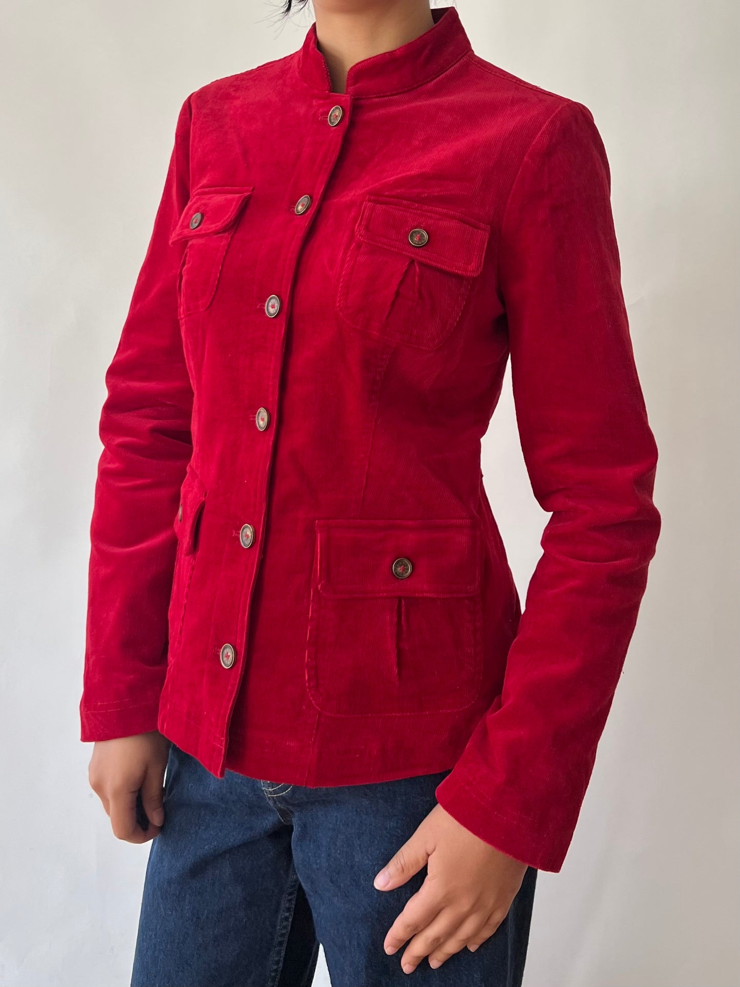 2000s red corduroy button up jacket