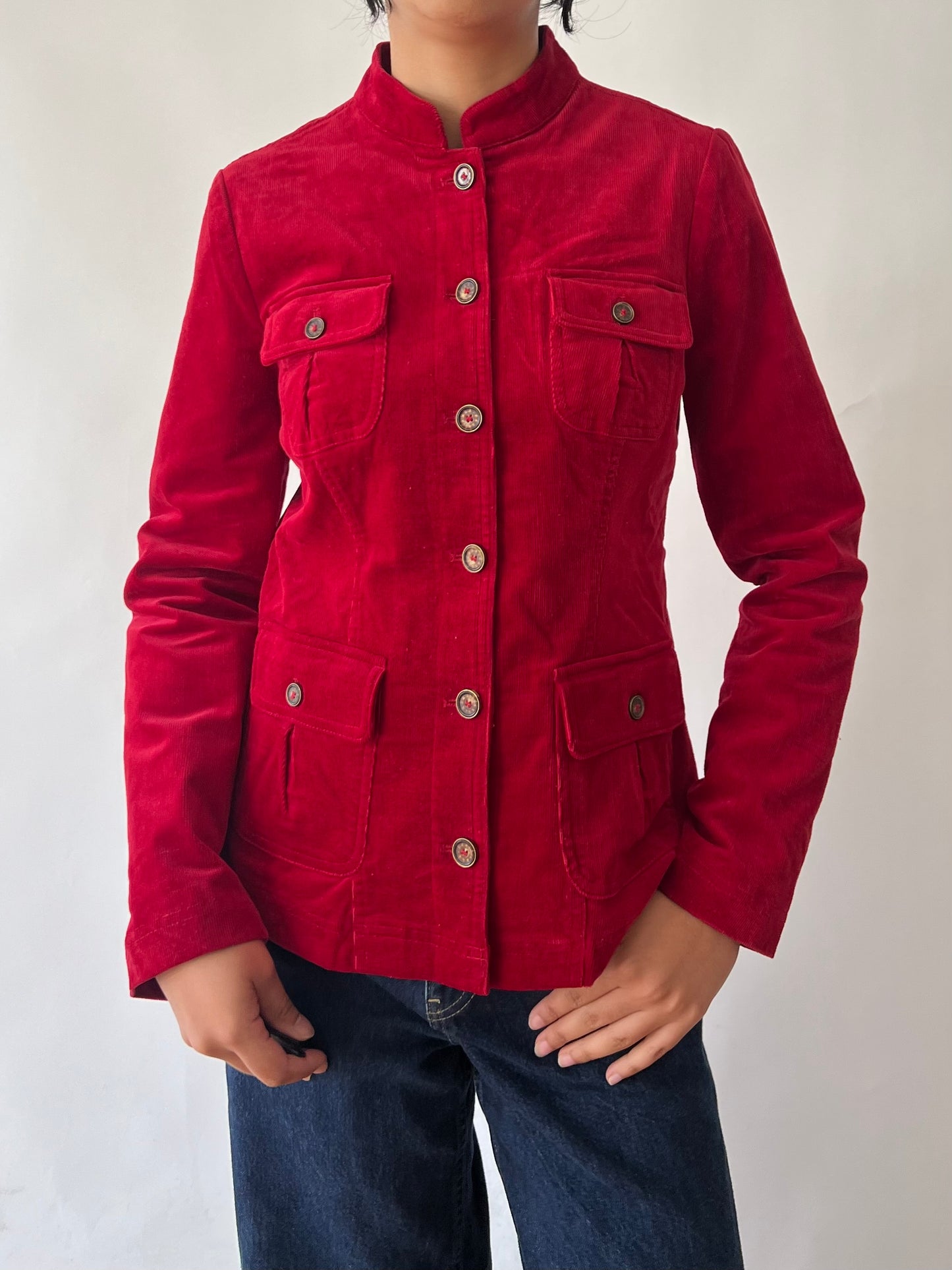 2000s red corduroy button up jacket