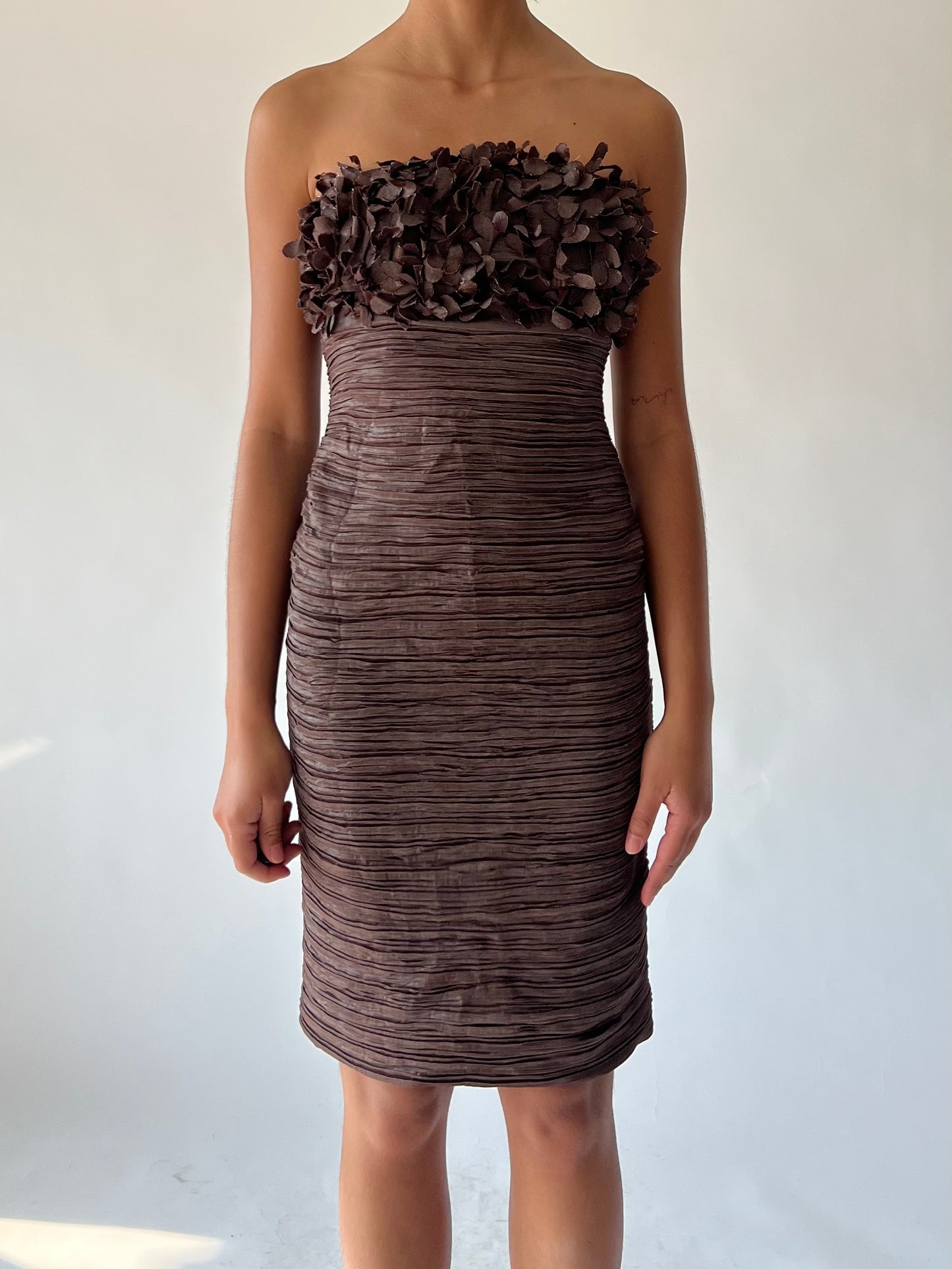 y2k brown strapless bodycon ruched cocktail dress