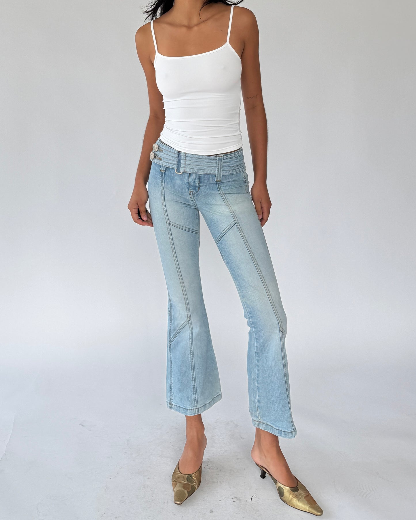 y2k denim flare capri jeans