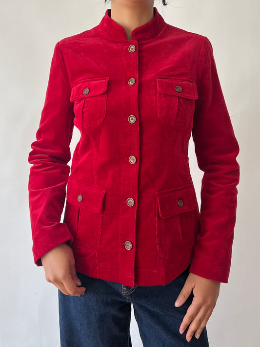 2000s red corduroy button up jacket