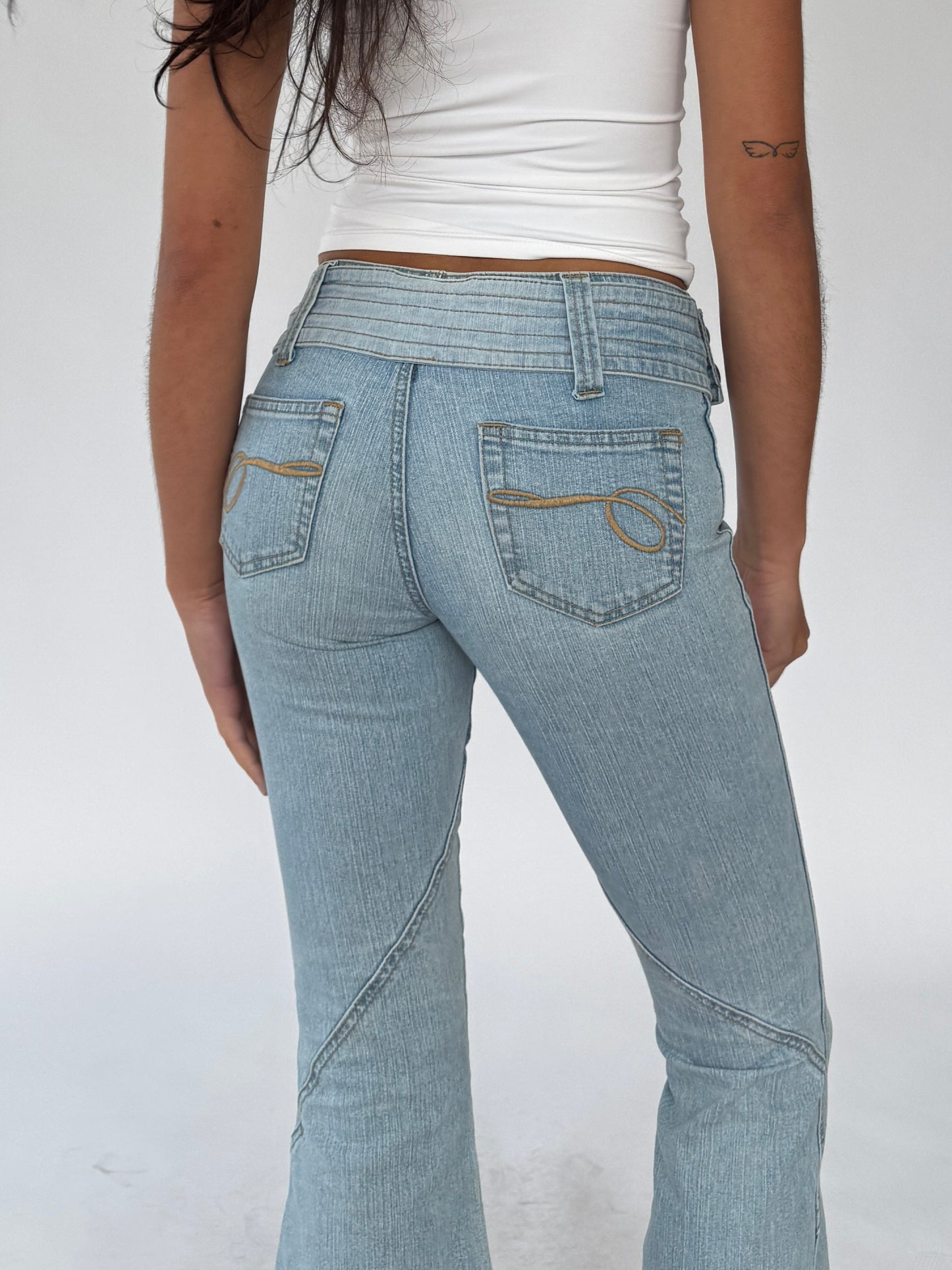 y2k denim flare capri jeans