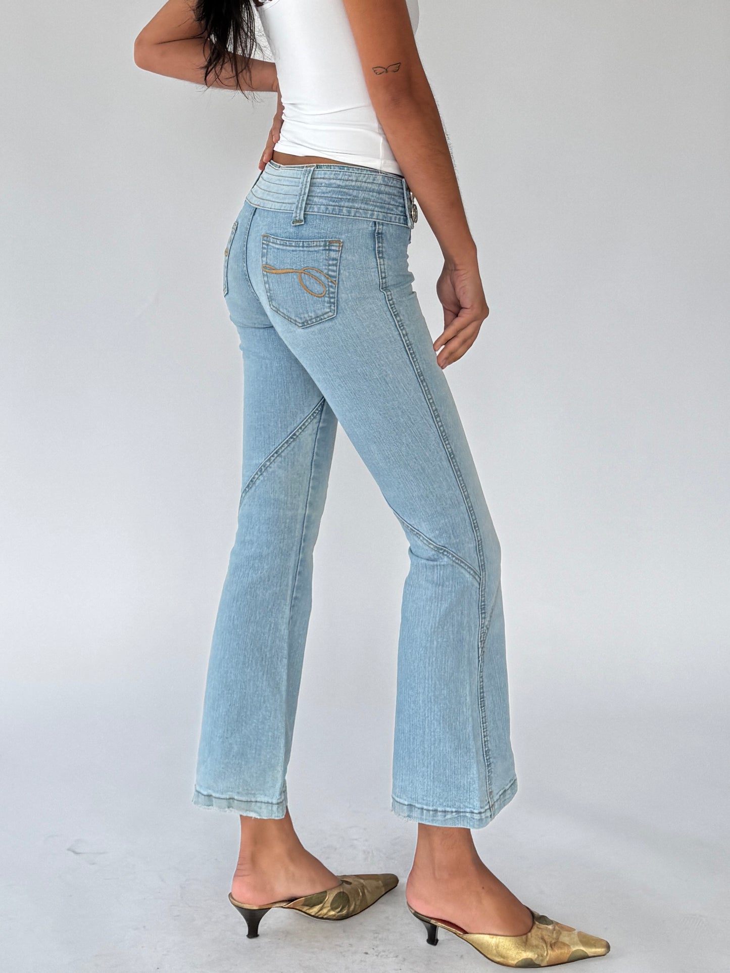 y2k denim flare capri jeans