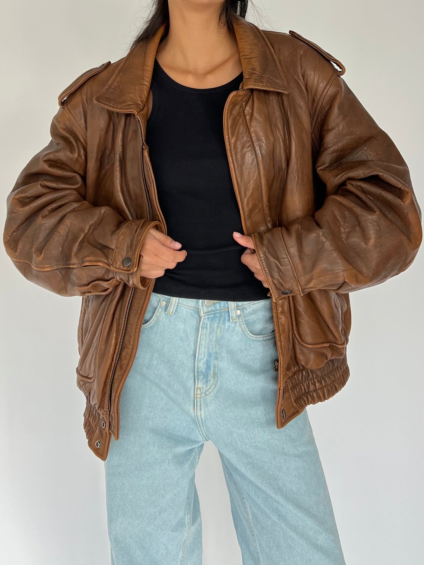 90s brown faded leather bomber