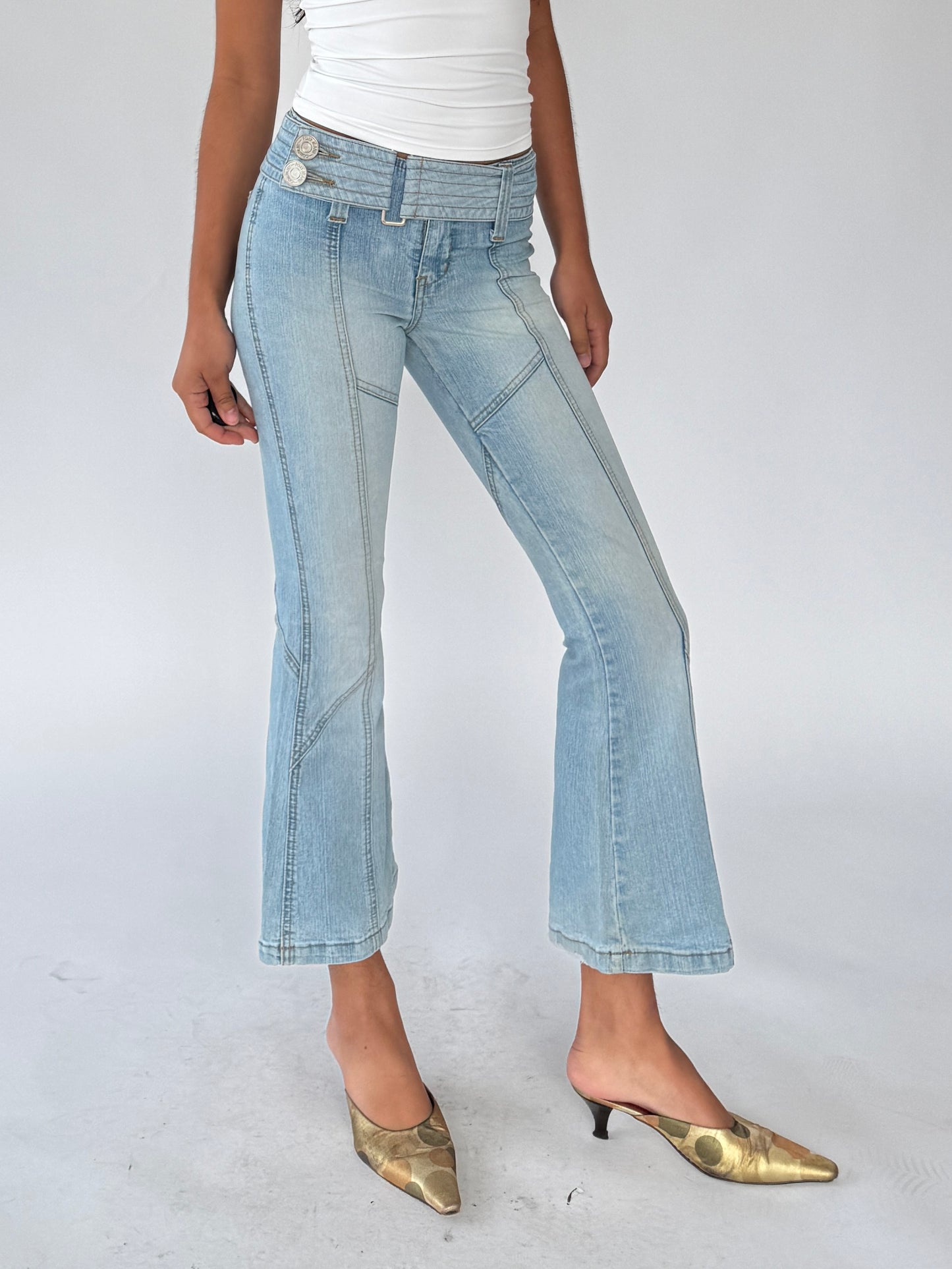 y2k denim flare capri jeans