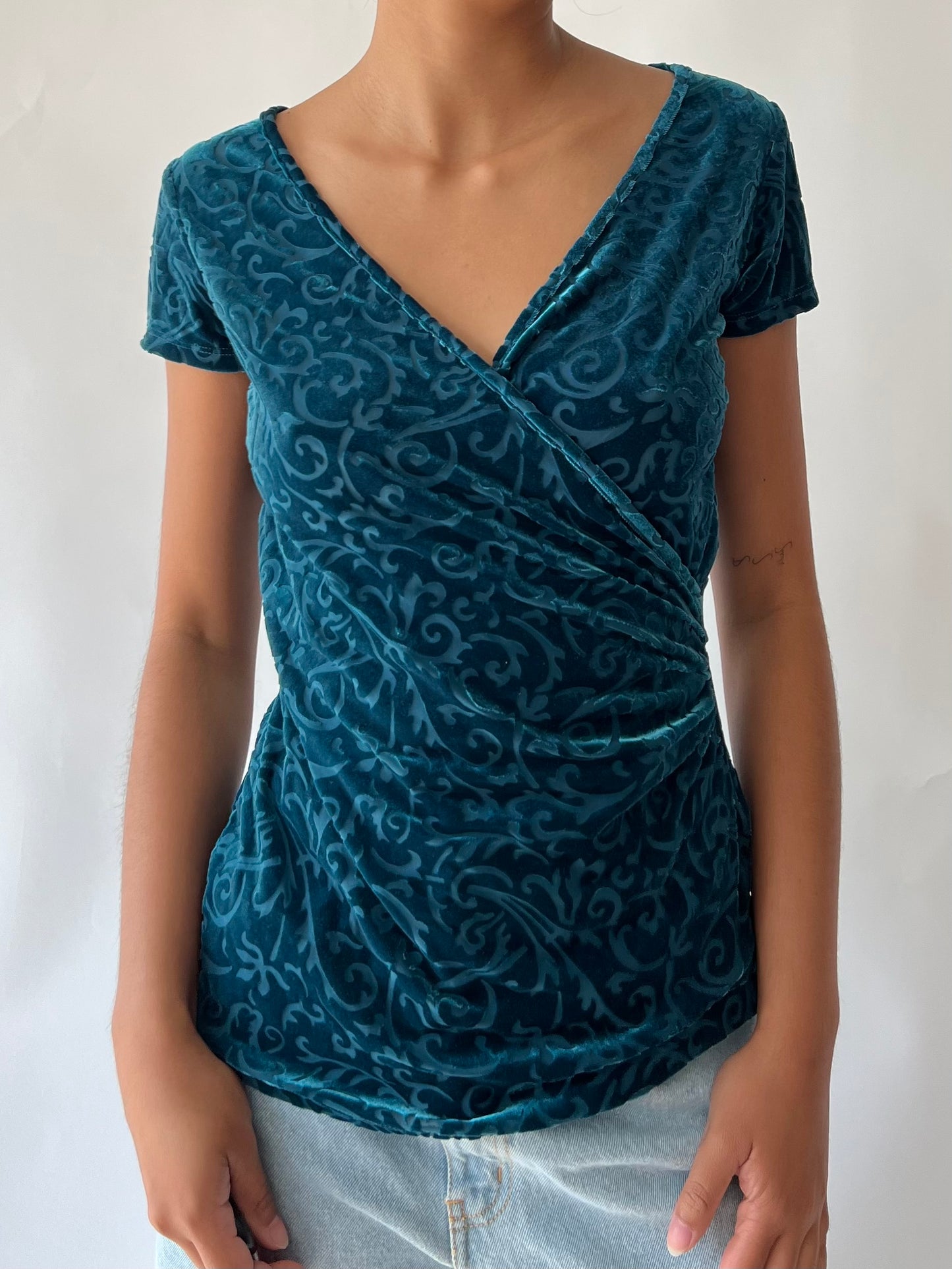 2000s blue velvet wrap top