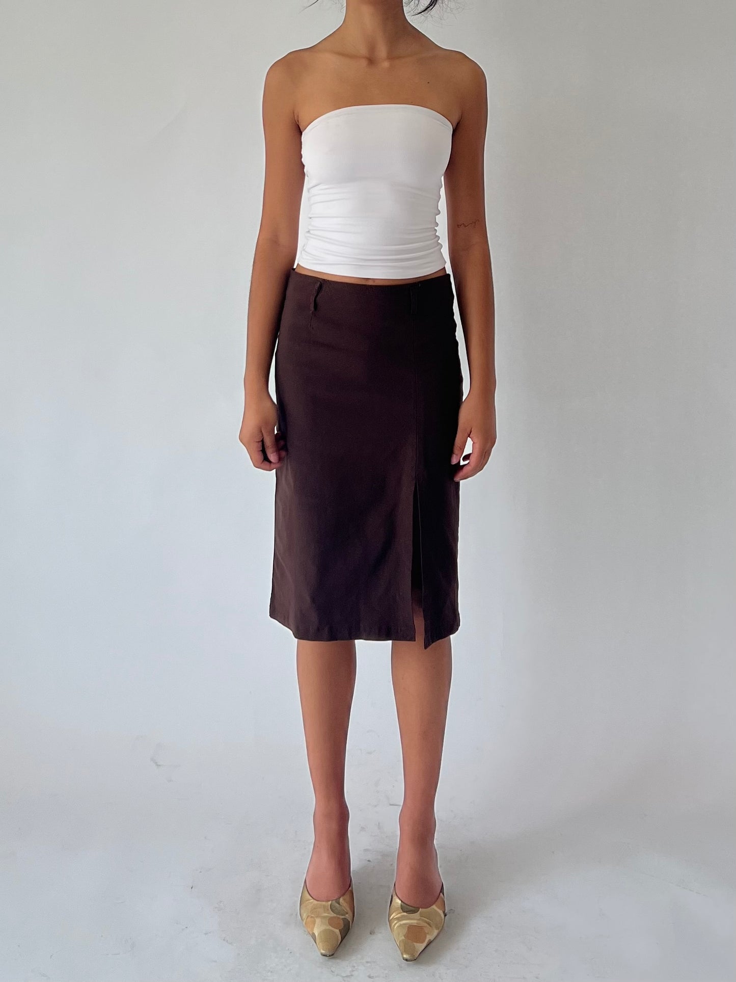 90s brown midi pencil skirt