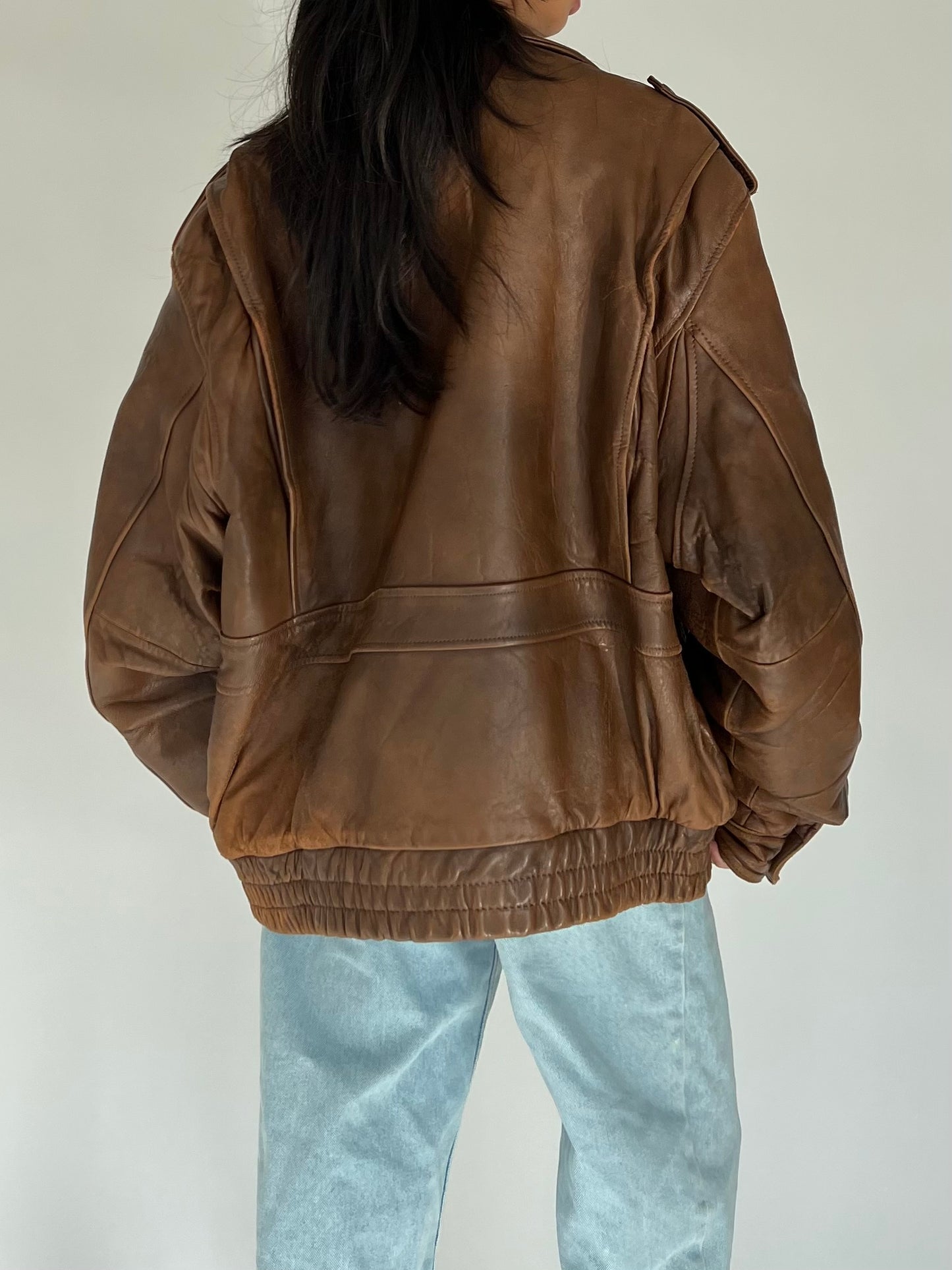 90s brown faded leather bomber