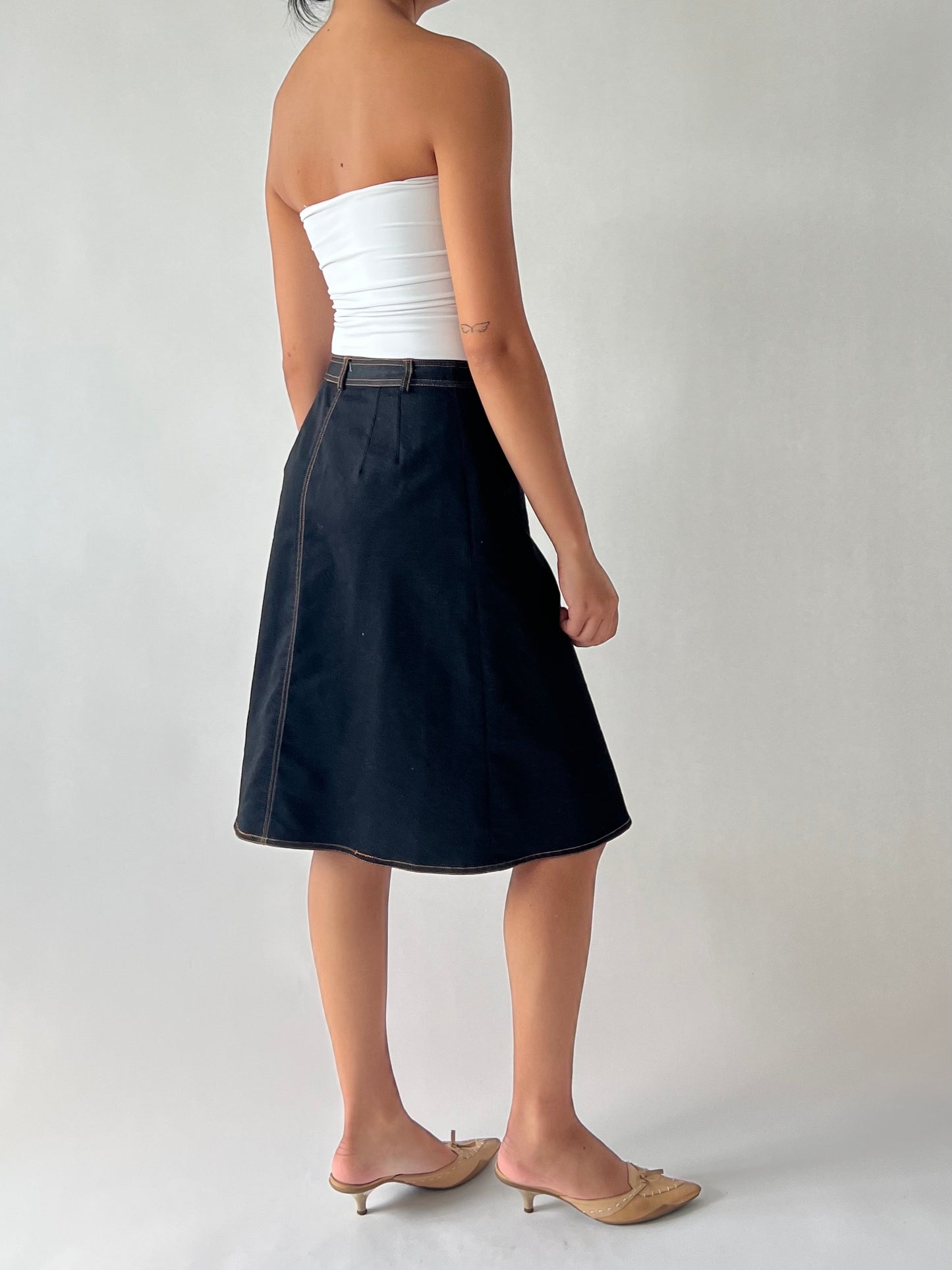 Dark denim wrap midi skirt