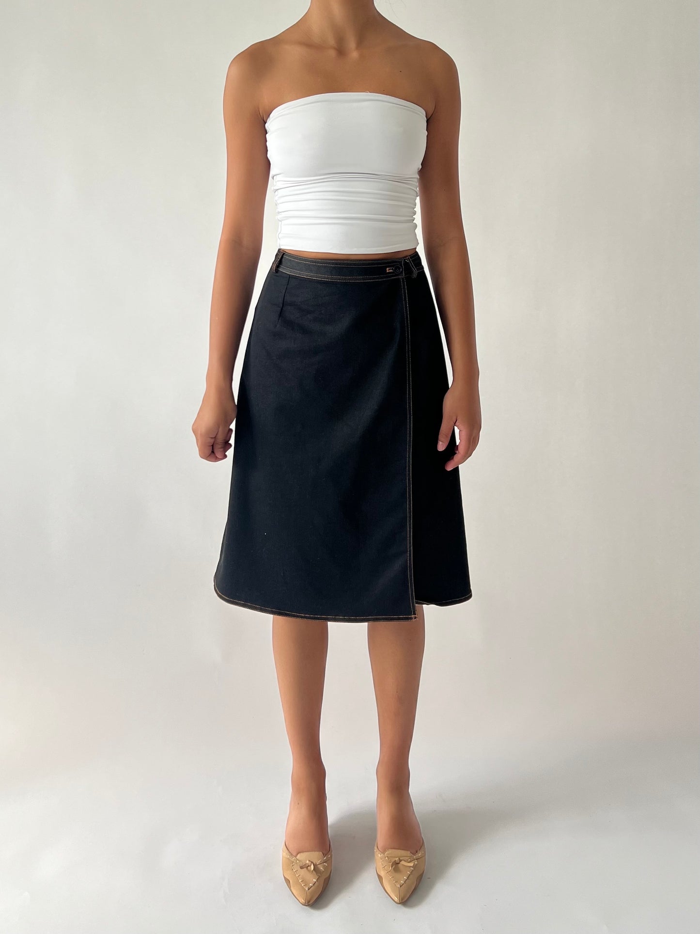 Dark denim wrap midi skirt