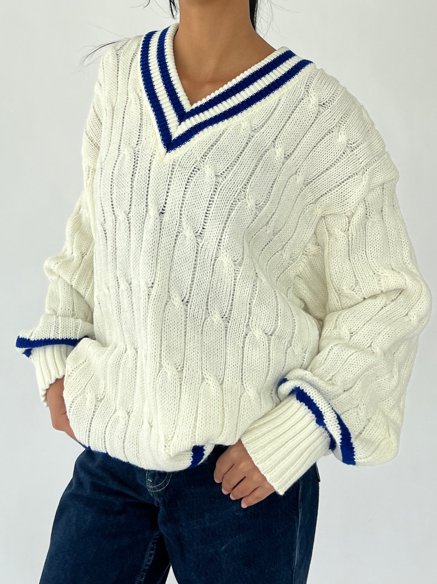 90s varsity cable knit v-neck sweater