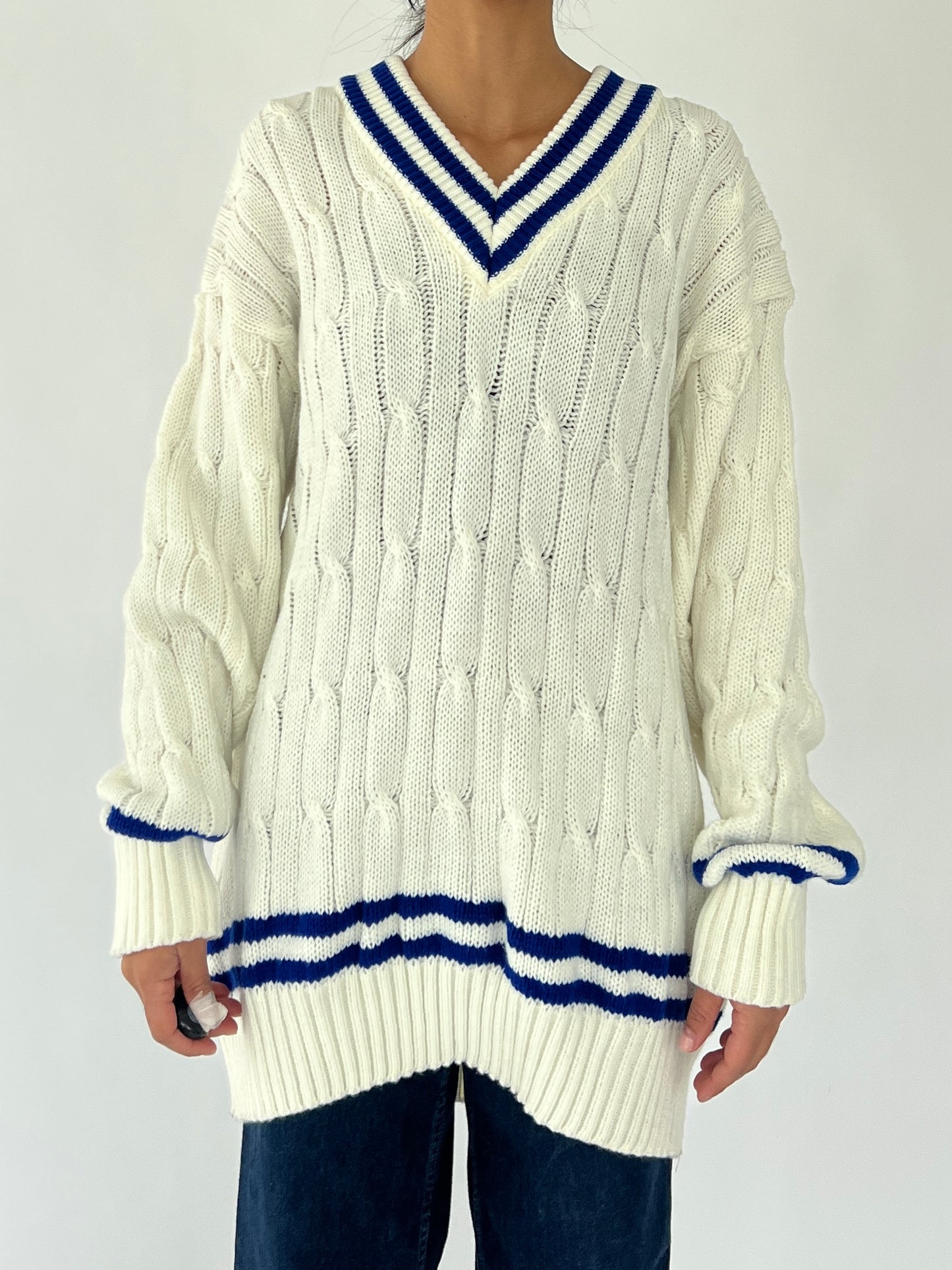 90s varsity cable knit v-neck sweater