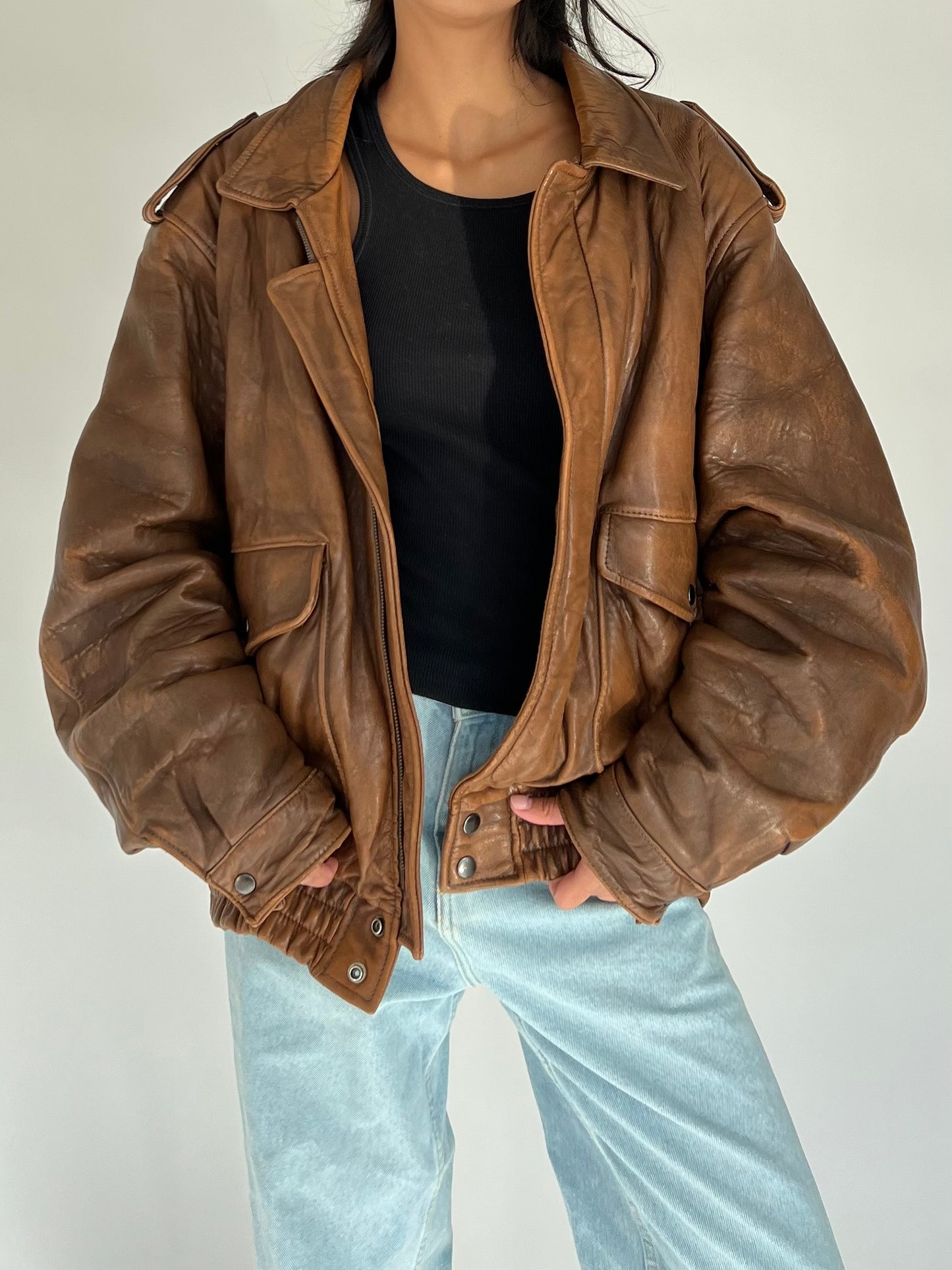 90s brown faded leather bomber