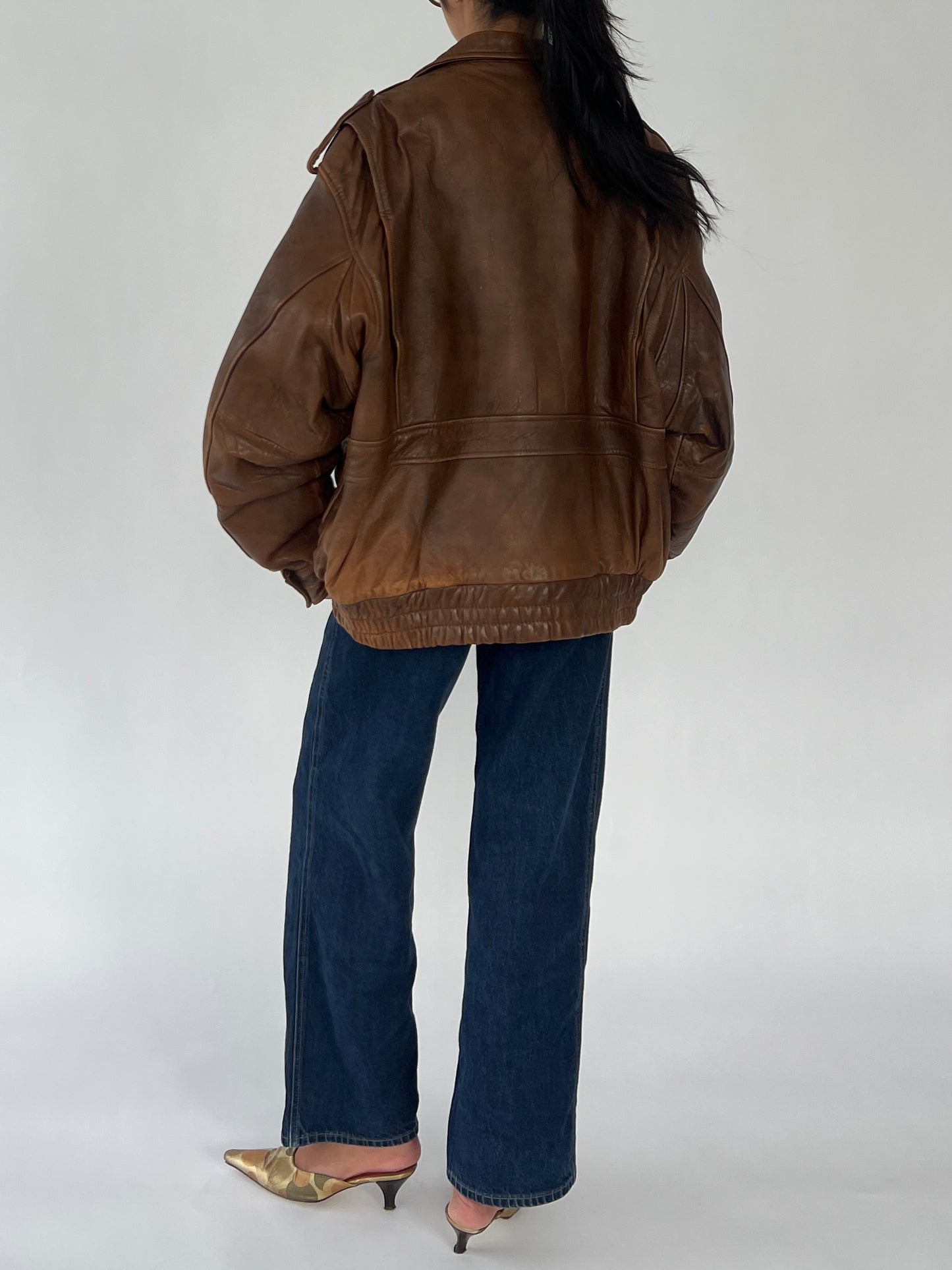 90s brown faded leather bomber