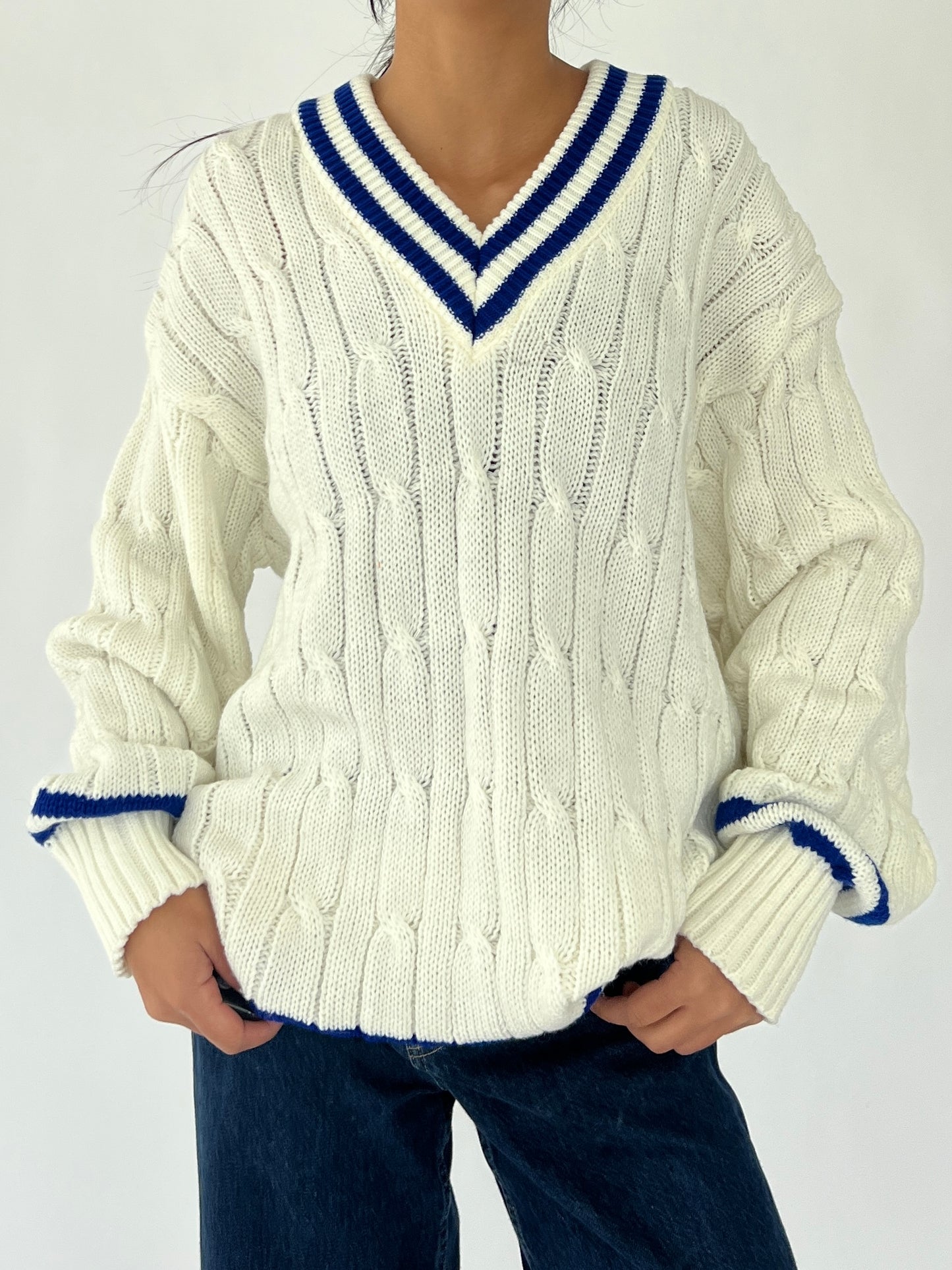 90s varsity cable knit v-neck sweater