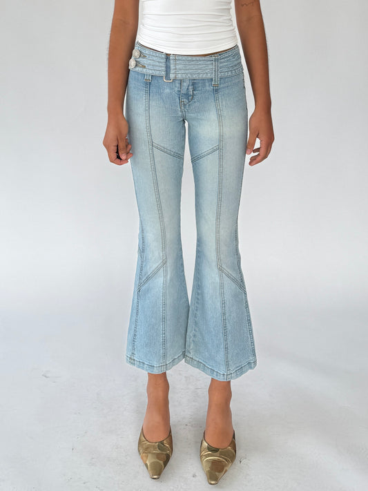 y2k denim flare capri jeans