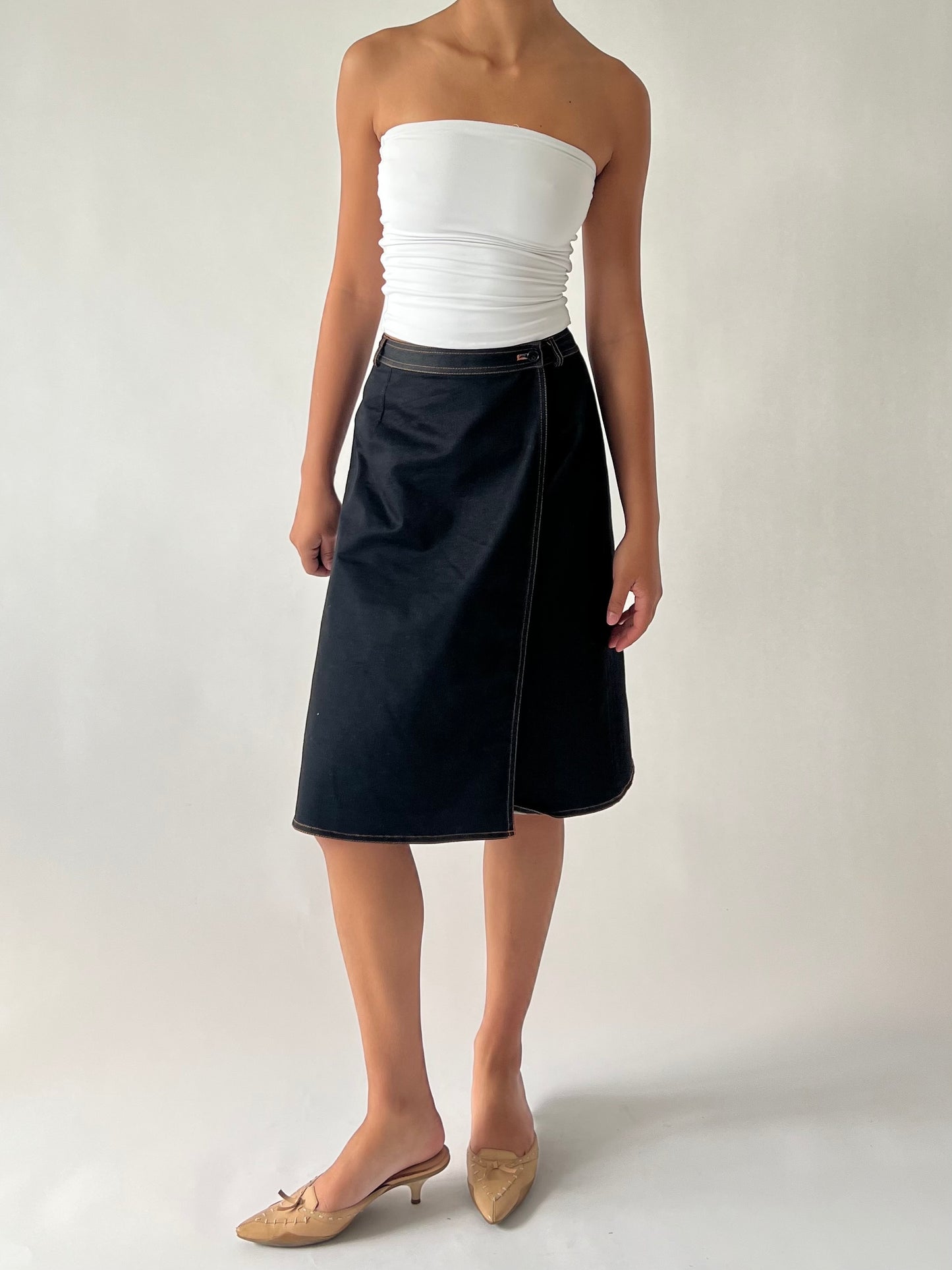 Dark denim wrap midi skirt