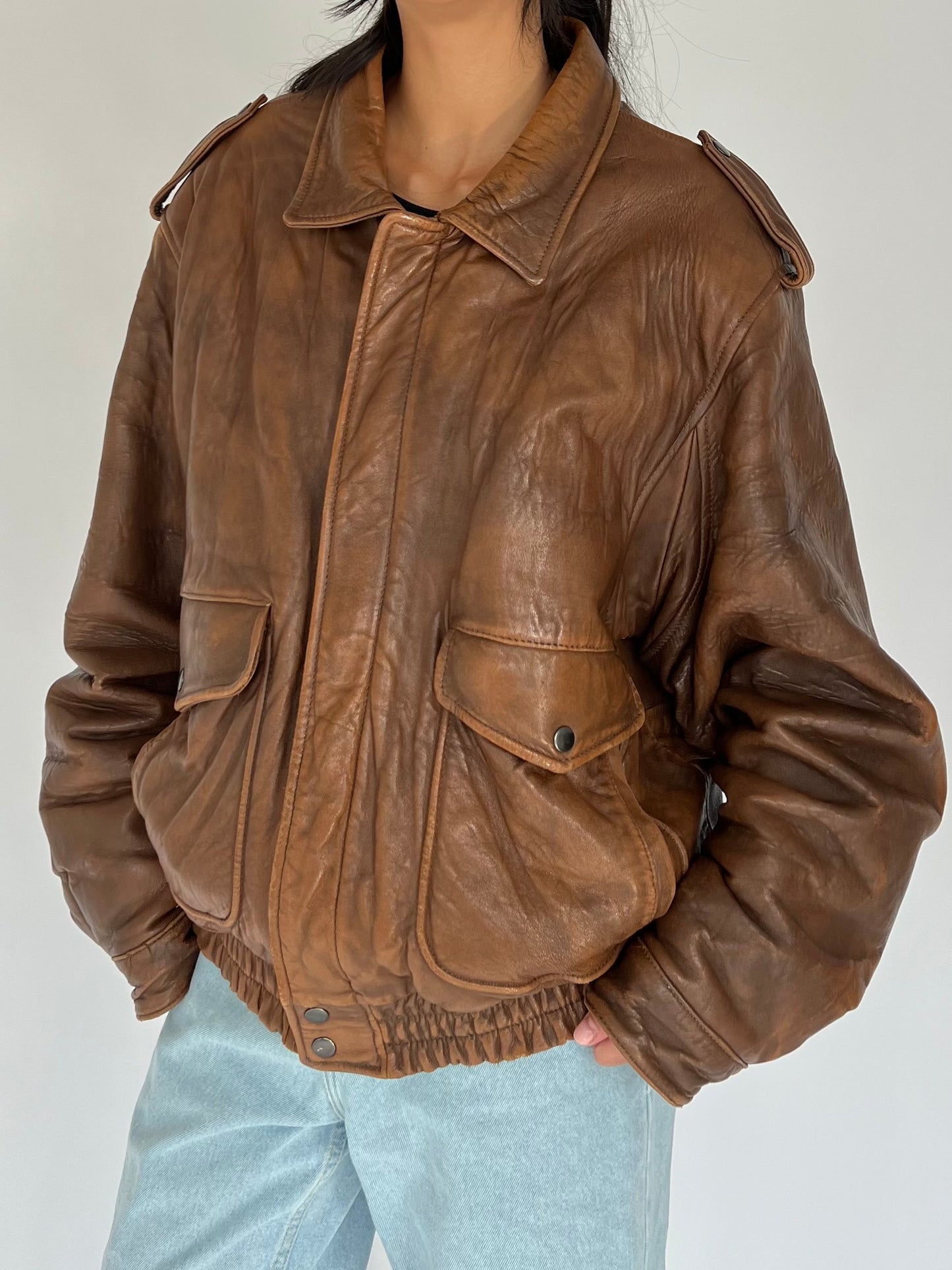 90s brown faded leather bomber