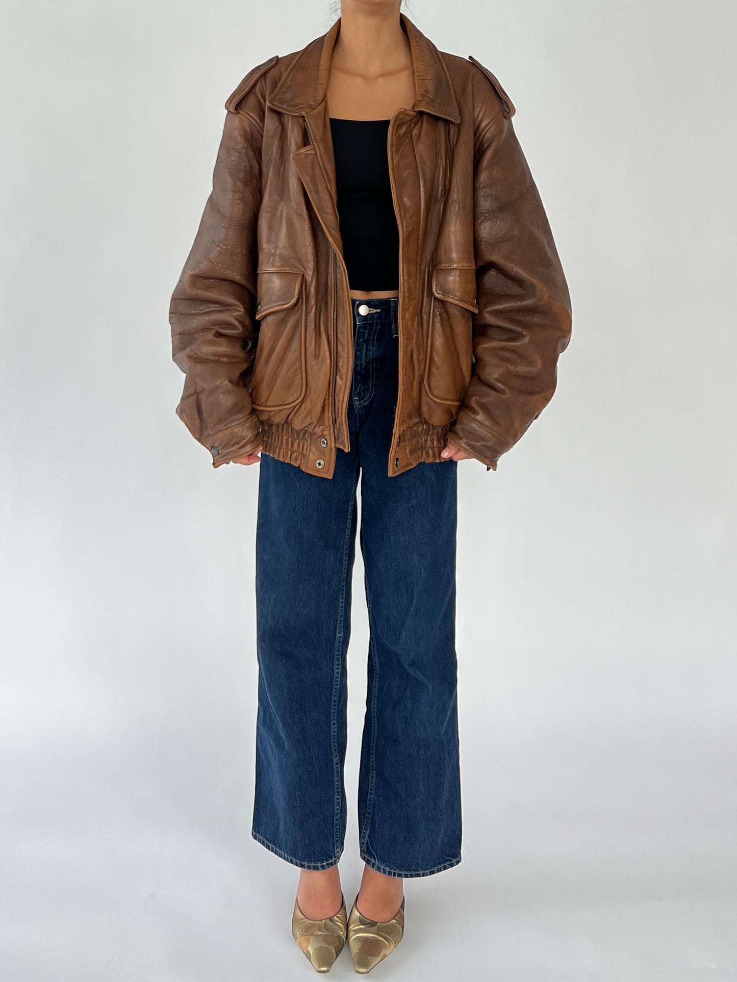 90s brown faded leather bomber