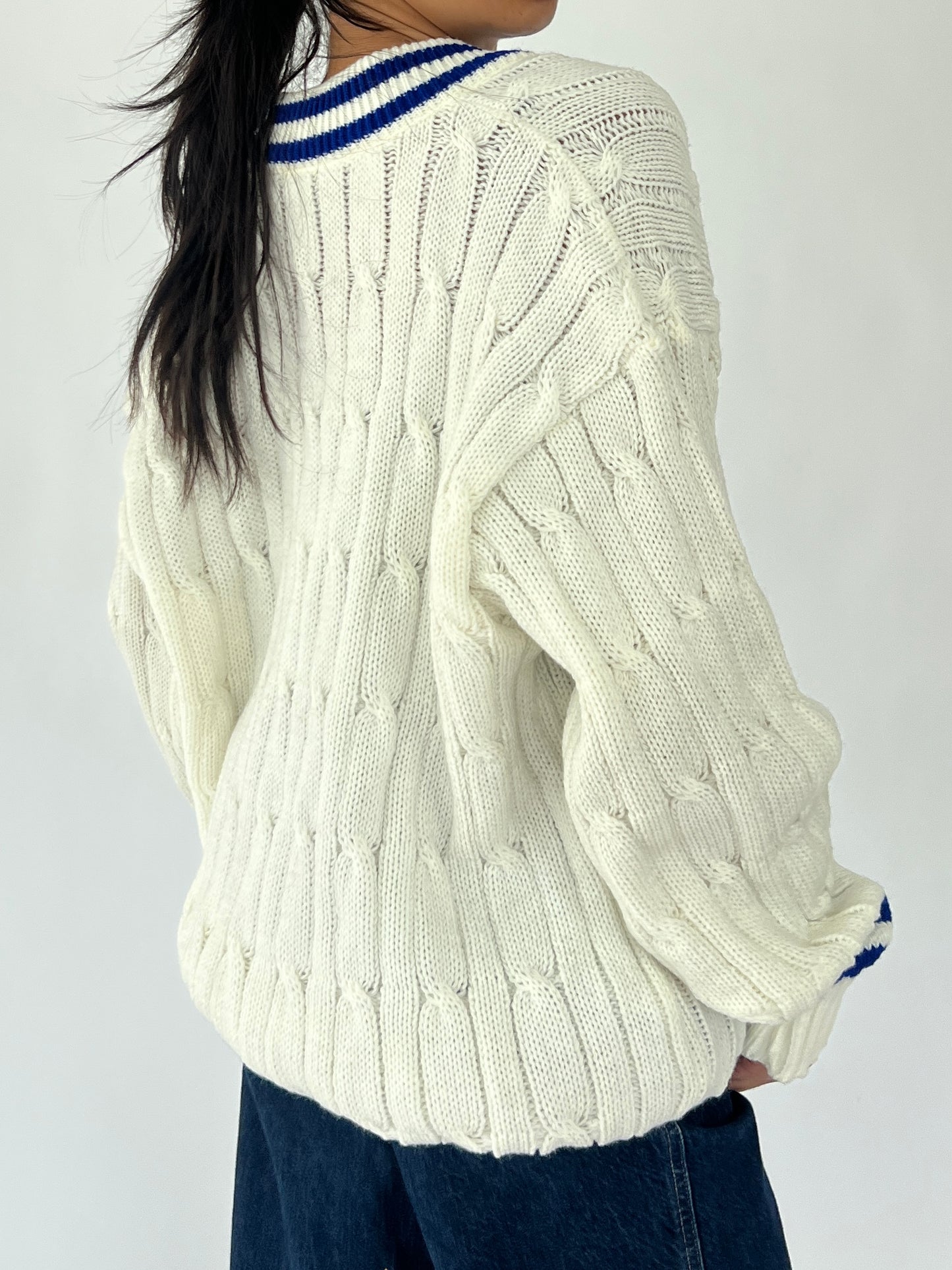 90s varsity cable knit v-neck sweater