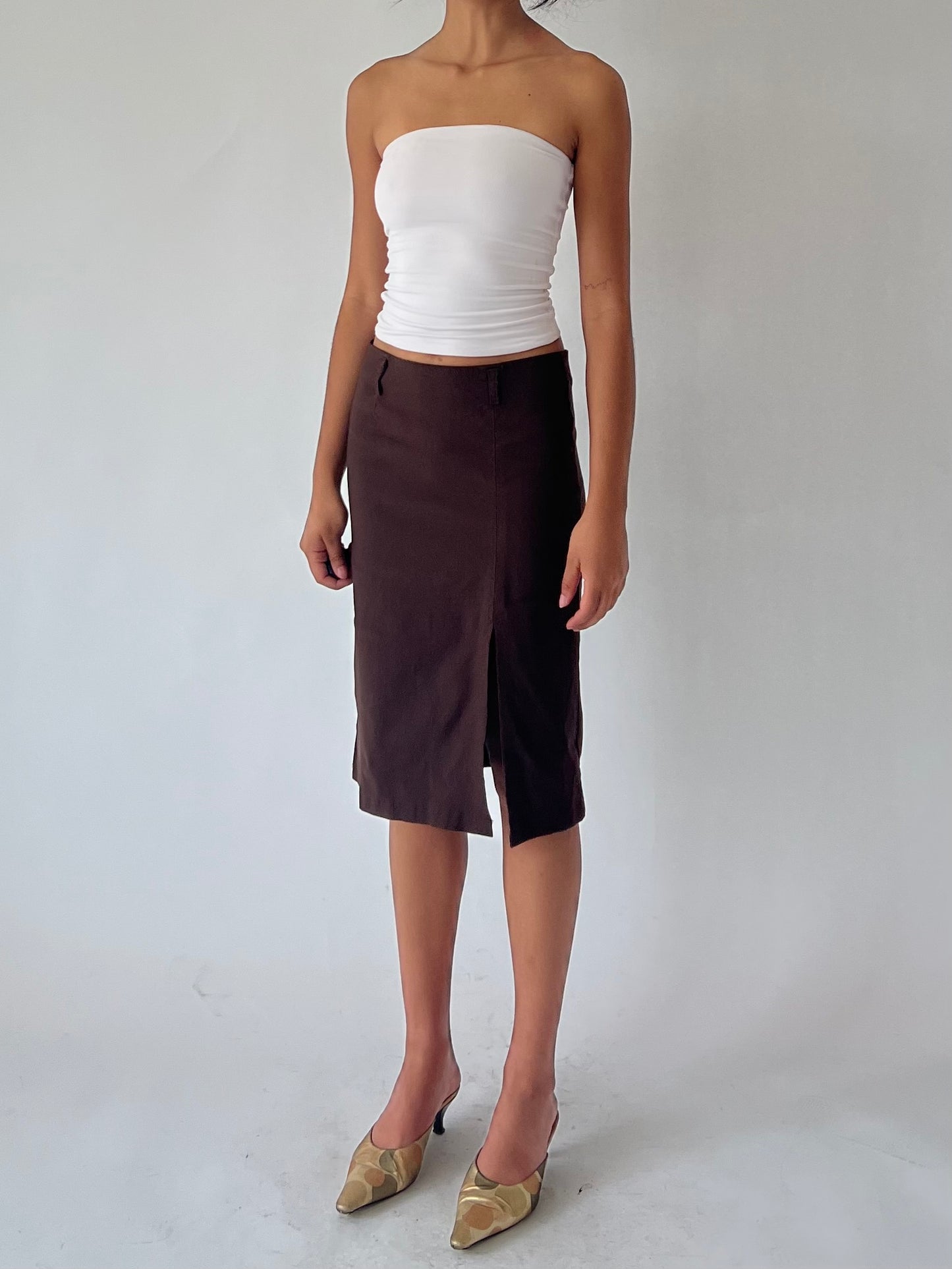 90s brown midi pencil skirt